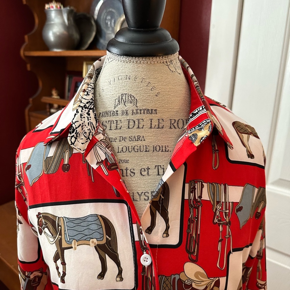 Equestrian Print Red Button Down Shirt - Picture 2 of 7